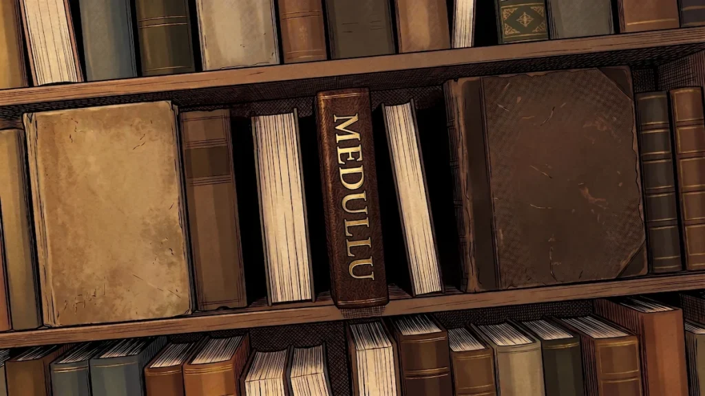 Digital illustration generated with Gemini AI, showing a close-up of a wooden bookshelf with old books. One prominent spine reads "MEDULLU".