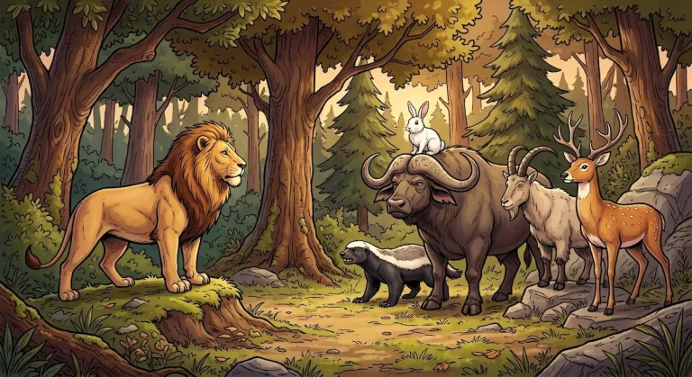Digital illustration generated with Gemini AI showing a lion standing on a knoll facing a group of woodland animals including a water buffalo, deer, goat, badger, and a white rabbit perched above.