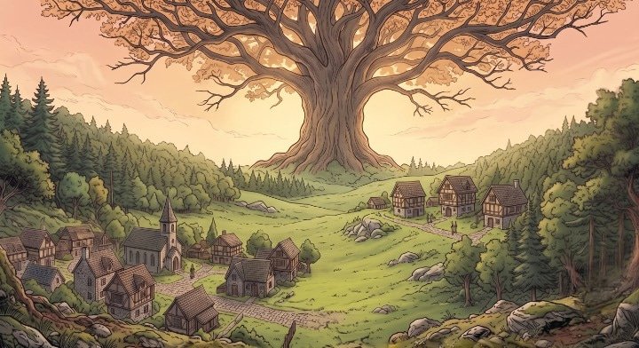 Digital illustration generated using Gemini AI depicting an ancient, sprawling elder tree standing beside a quiet medieval fantasy village.