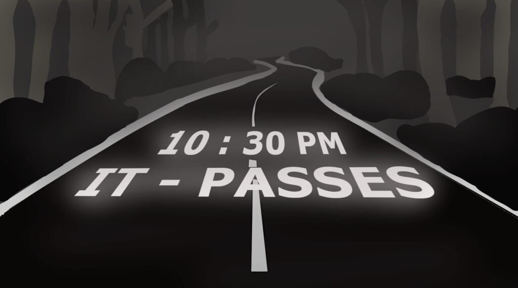 Dark foggy road at night with "10:30 PM IT PASSES" painted on the asphalt, a repeat dreams horror story cover